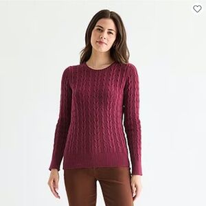 ST JOHNS BAY Women Sweater Cable Crew Classic Preppy Purple Plum Petite Medium